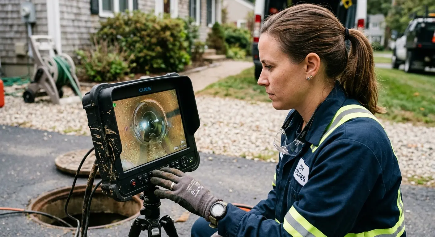 Technician reviewing sewer camera inspection footage in Martinsville