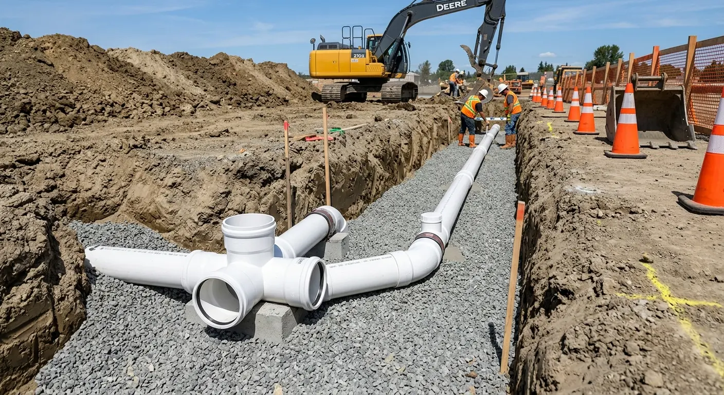 New PVC sewer pipe installation in open trench for Sewer Backup in Martinsville