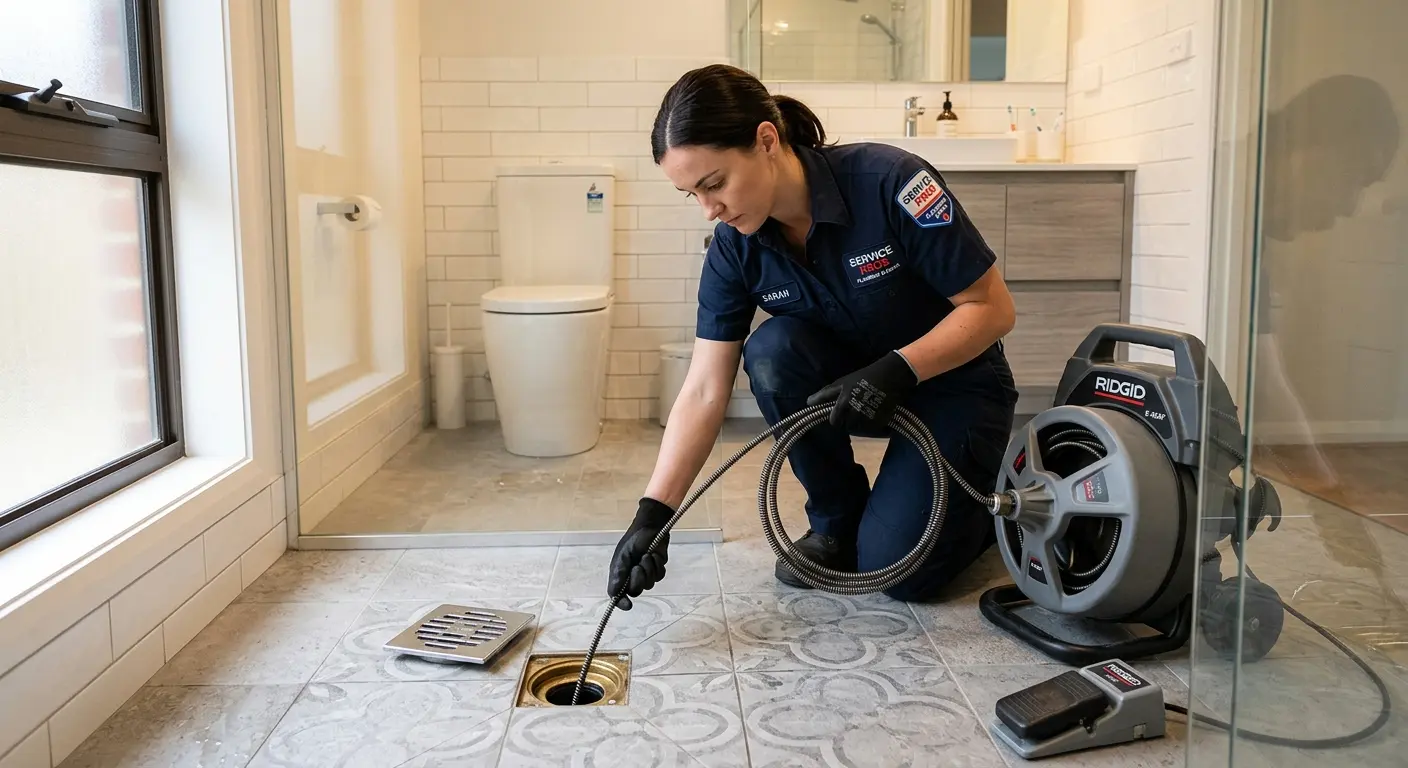 Technician clearing a bathroom floor drain for Drain Cleaning in Martinsville